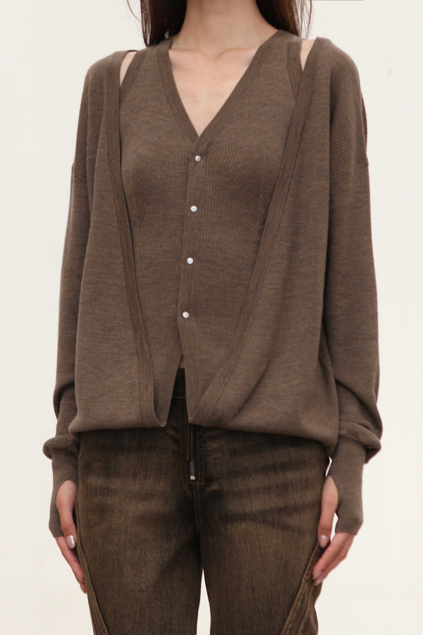 OUDE WAAG Fall/Winter 2025 Faux Two-Piece Wool Knit Cardigan OW-OW-25AW-KT16W1BR430-HZ Gray-Brown